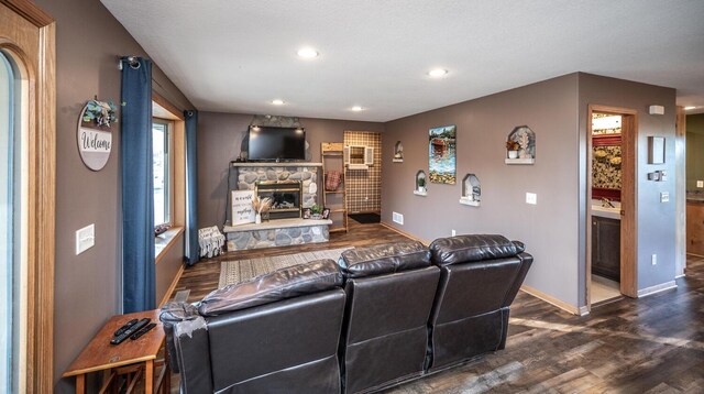 living room featuring a stone fireplace, sink, and dark hardwood / wood-style flooring