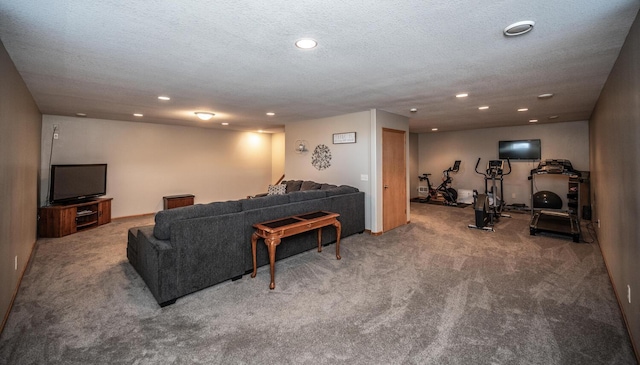 living room with a textured ceiling and carpet