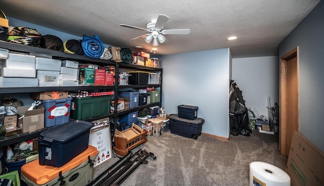 storage room featuring ceiling fan