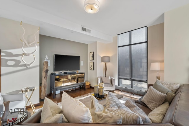 living room featuring floor to ceiling windows and dark hardwood / wood-style flooring