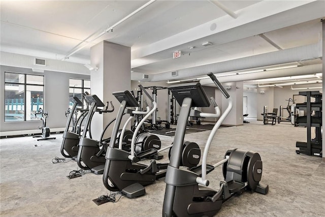 workout area with light carpet