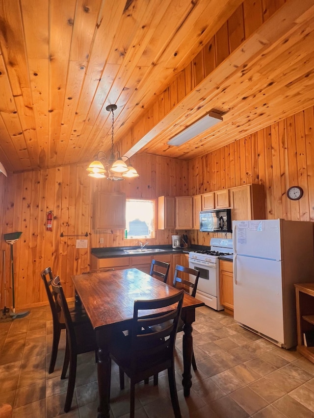 dining room with wood ceiling, wooden walls, sink, and a notable chandelier