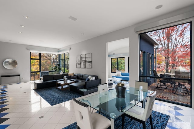 dining room with recessed lighting, plenty of natural light, visible vents, and tile patterned floors