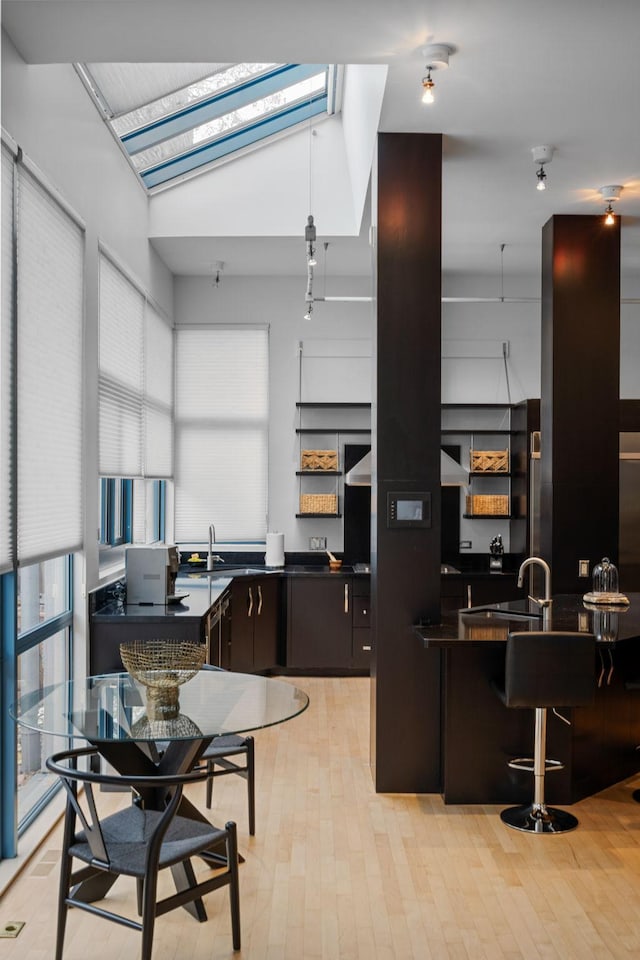 kitchen featuring a sink, ventilation hood, dark countertops, and a skylight