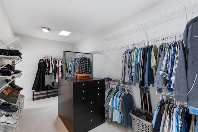 walk in closet with light carpet