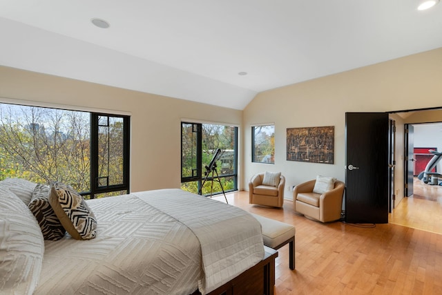 bedroom featuring light wood-style floors and vaulted ceiling