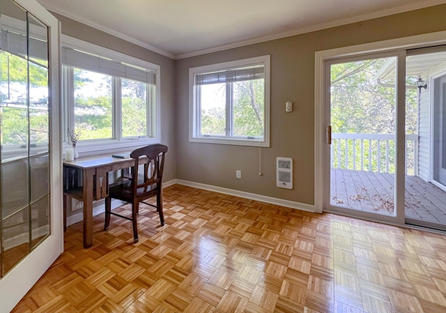 home office with light parquet flooring, ornamental molding, and heating unit