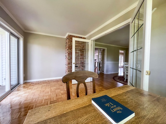 interior space featuring parquet floors, ornamental molding, a healthy amount of sunlight, and french doors