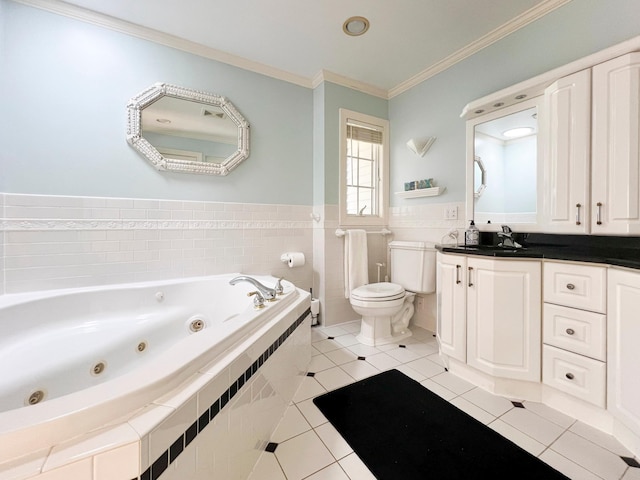 bathroom featuring toilet, crown molding, vanity, tiled bath, and tile patterned flooring