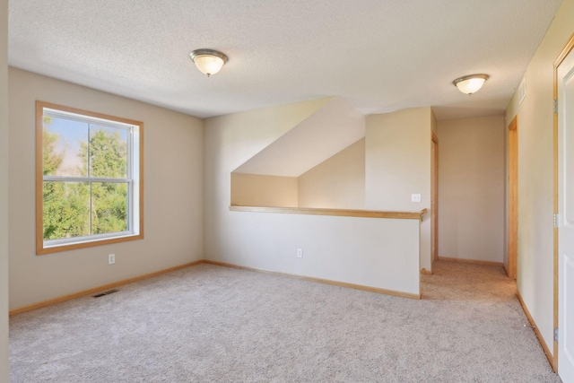 additional living space with light carpet and a textured ceiling