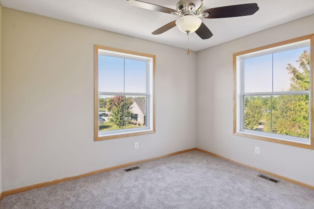 empty room featuring ceiling fan, carpet flooring, and a textured ceiling