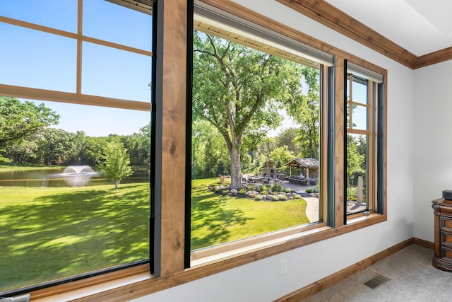 interior space featuring a water view, carpet flooring, and crown molding