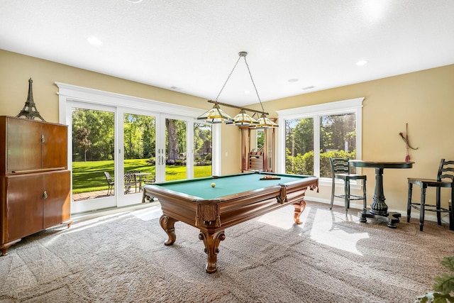 rec room featuring billiards, french doors, and carpet flooring