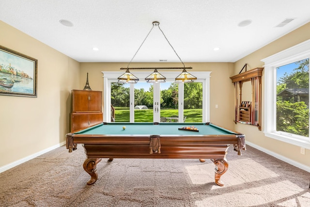 game room with carpet floors, pool table, and a wealth of natural light