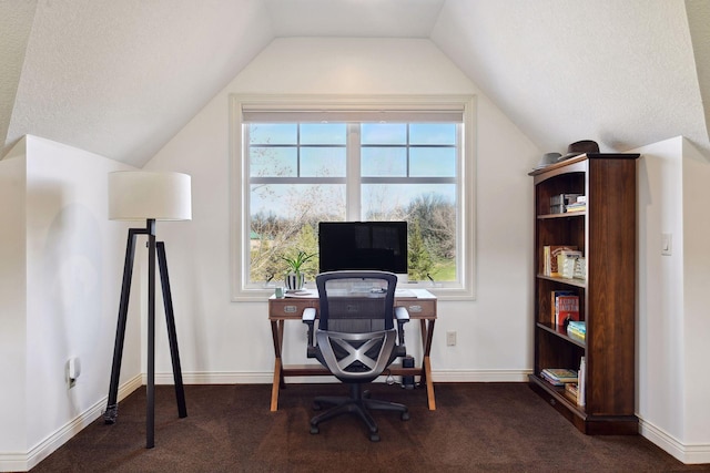 carpeted office space with lofted ceiling and a textured ceiling