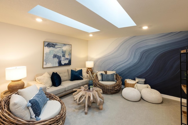 living room featuring carpet floors and a skylight