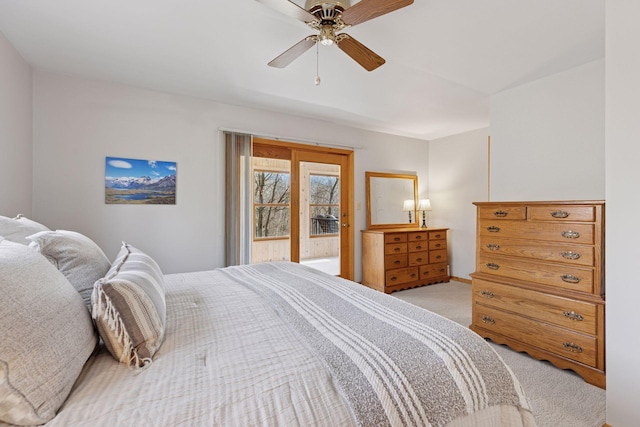 bedroom featuring ceiling fan and light carpet