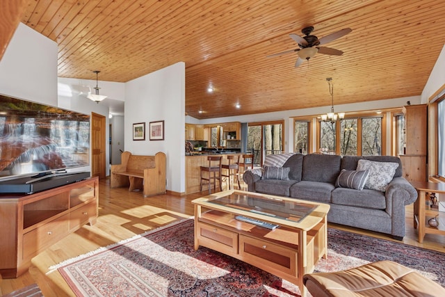 living area with light wood-type flooring, wood ceiling, and ceiling fan with notable chandelier