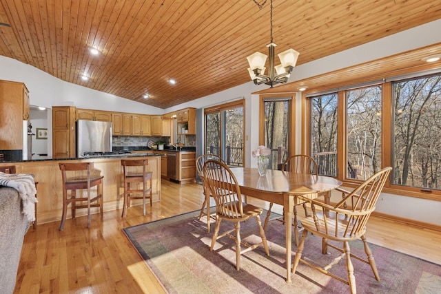dining space featuring plenty of natural light, light wood finished floors, lofted ceiling, and a chandelier