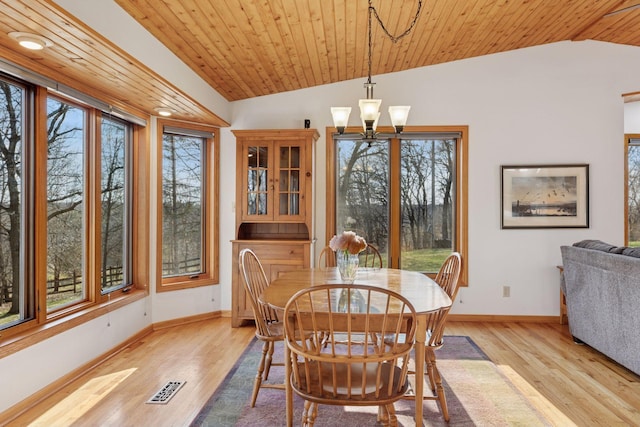 dining space featuring baseboards, vaulted ceiling, light wood-style flooring, and visible vents