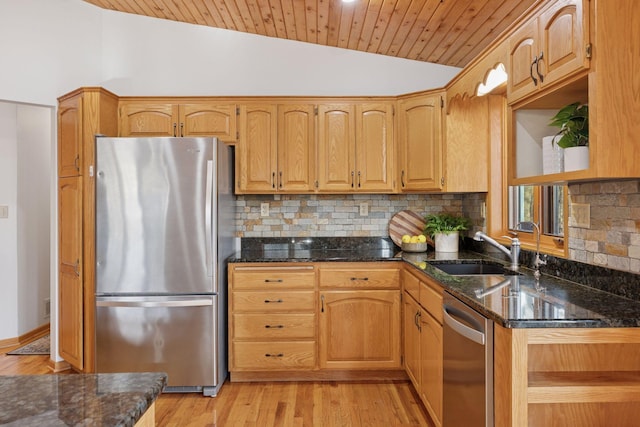 kitchen with open shelves, lofted ceiling, wood ceiling, a sink, and stainless steel appliances