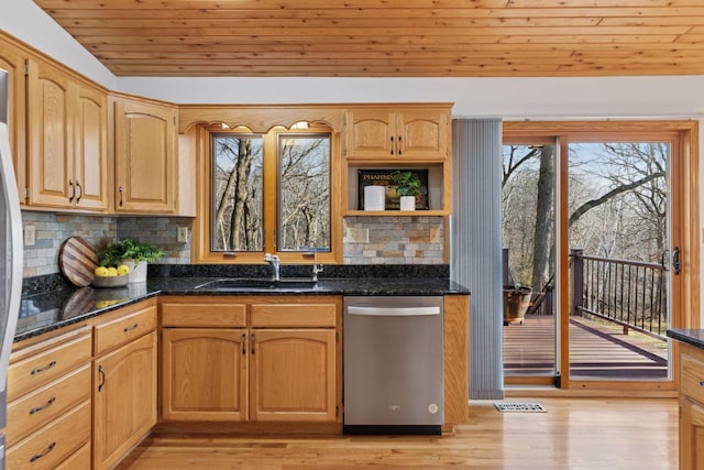 kitchen with stainless steel dishwasher, decorative backsplash, wooden ceiling, light wood finished floors, and vaulted ceiling