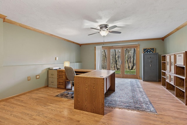 office area with ceiling fan, a textured ceiling, crown molding, and wood finished floors
