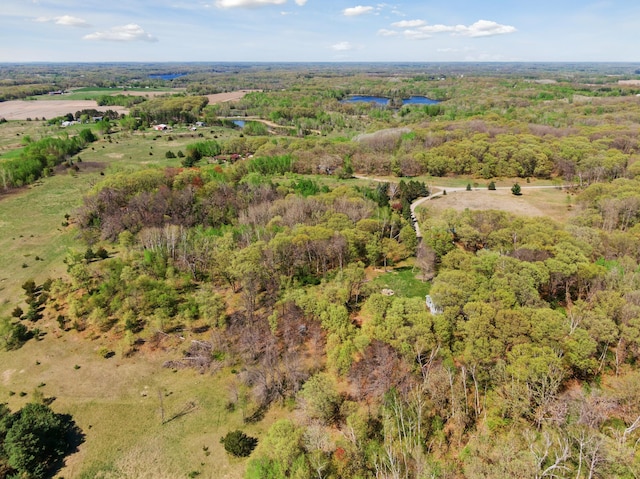 aerial view of property and surrounding area featuring a large body of water and a forest