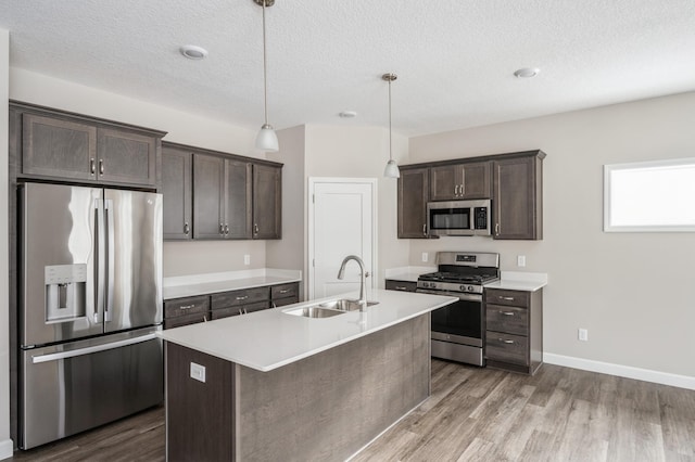 kitchen with sink, hanging light fixtures, a center island with sink, hardwood / wood-style flooring, and stainless steel appliances