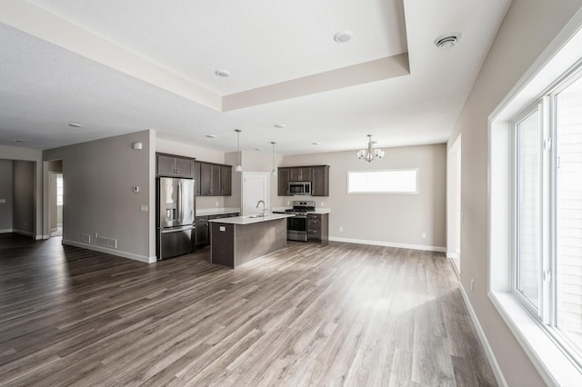 kitchen featuring pendant lighting, sink, dark wood-type flooring, a kitchen island with sink, and stainless steel appliances