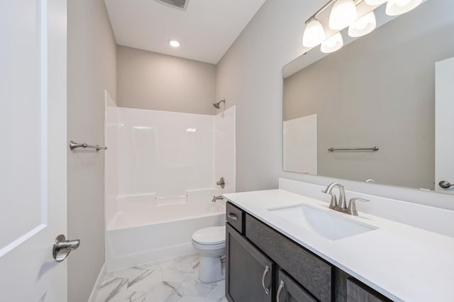 full bathroom featuring shower / washtub combination, toilet, and vanity