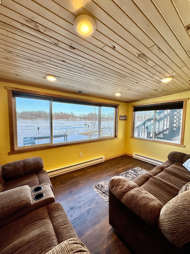 cinema featuring a baseboard heating unit, wooden ceiling, and dark hardwood / wood-style floors