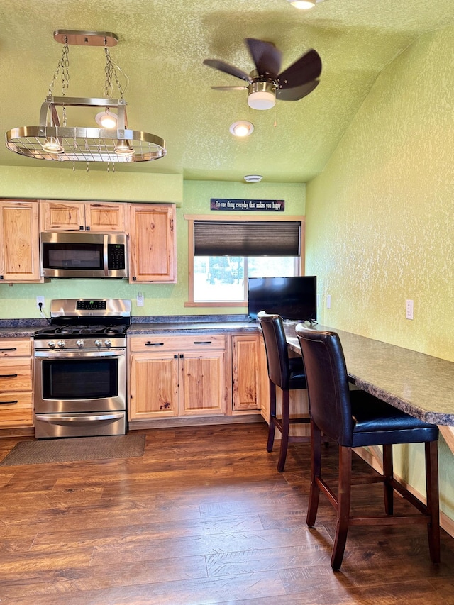 kitchen featuring ceiling fan, stainless steel appliances, dark hardwood / wood-style floors, and a textured ceiling