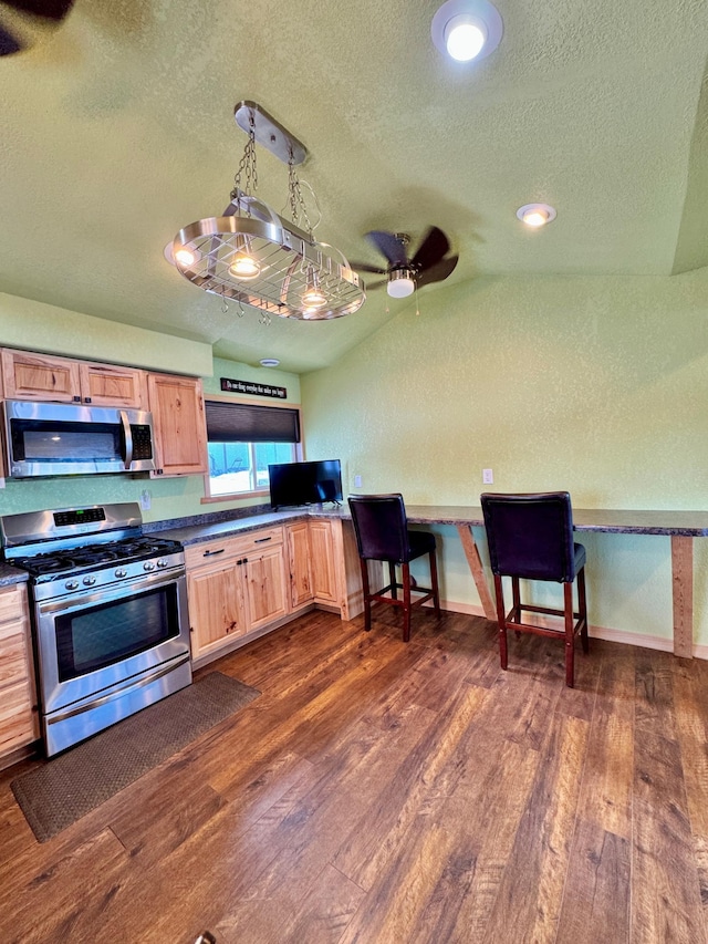 kitchen featuring hanging light fixtures, appliances with stainless steel finishes, lofted ceiling, and dark hardwood / wood-style flooring