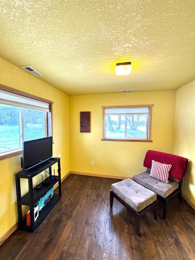 living area with plenty of natural light, dark hardwood / wood-style floors, and a textured ceiling