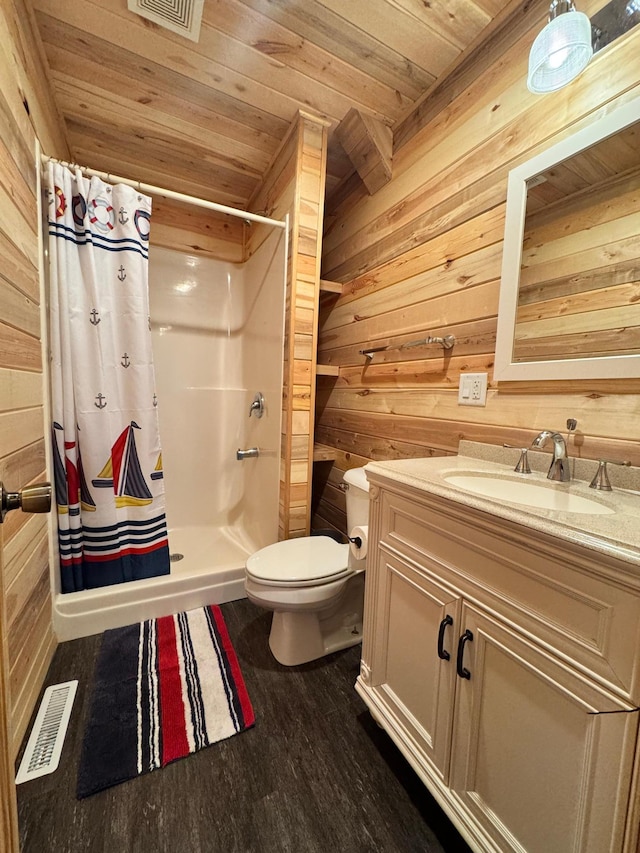 bathroom featuring vanity, wood ceiling, a shower with shower curtain, and wood walls