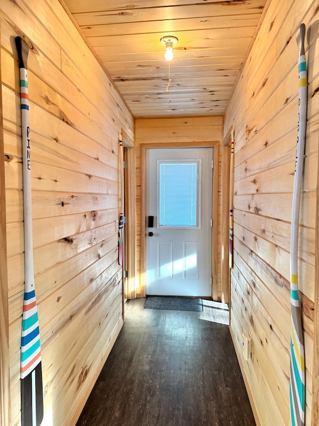 entryway featuring wooden ceiling, dark hardwood / wood-style floors, and wood walls