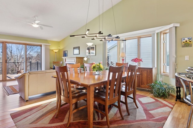 dining space featuring high vaulted ceiling, ceiling fan, and light wood-type flooring