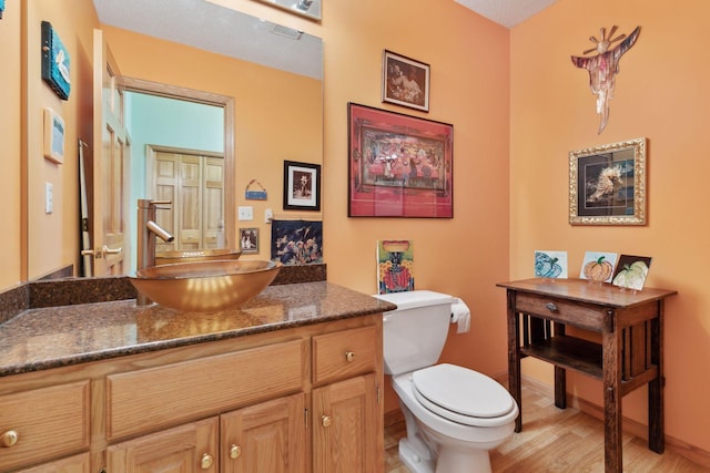 bathroom with vanity, wood-type flooring, and toilet