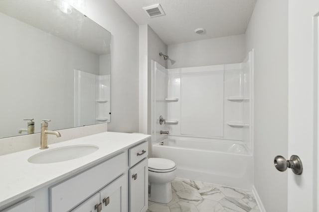 full bathroom featuring shower / bath combination, vanity, a textured ceiling, and toilet