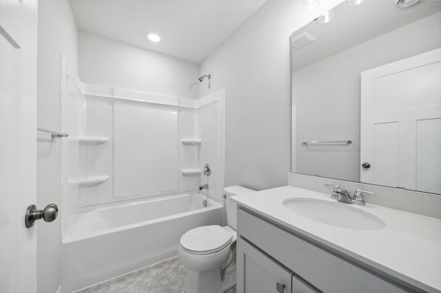 full bath with shower / bathing tub combination, vanity, and toilet