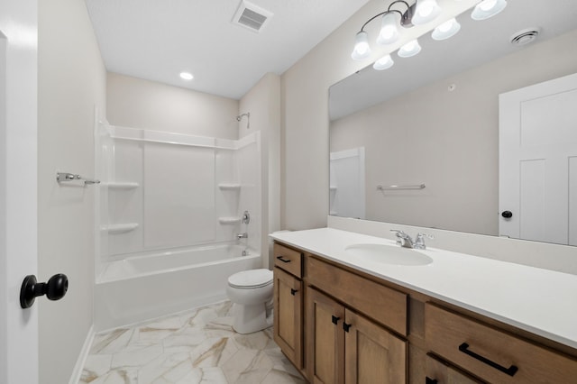 full bath featuring toilet, marble finish floor, vanity, and visible vents