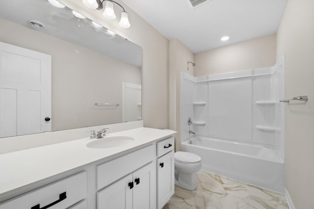 full bath with marble finish floor, bathing tub / shower combination, visible vents, toilet, and vanity