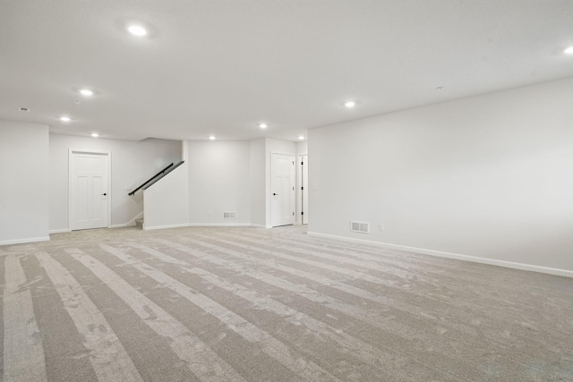 6566 Jody Ave S, Cottage Grove, MN 55016 - basement featuring recessed lighting, visible vents, light carpet, and stairway