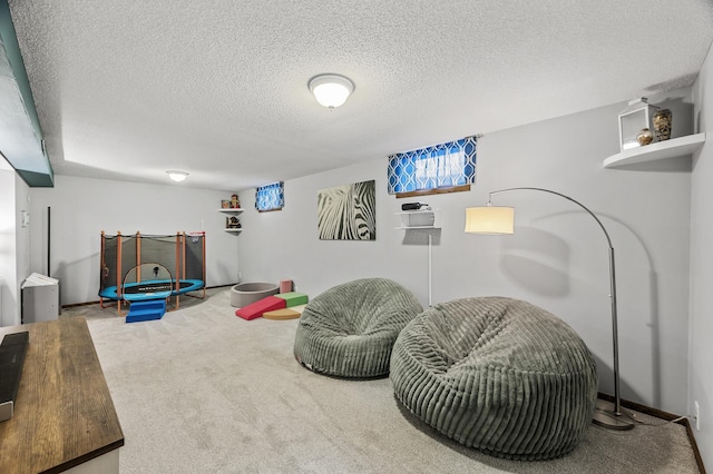 game room with carpet floors and a textured ceiling