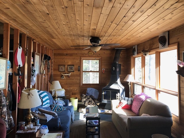 living room featuring wood ceiling, wood walls, ceiling fan, and a wood stove