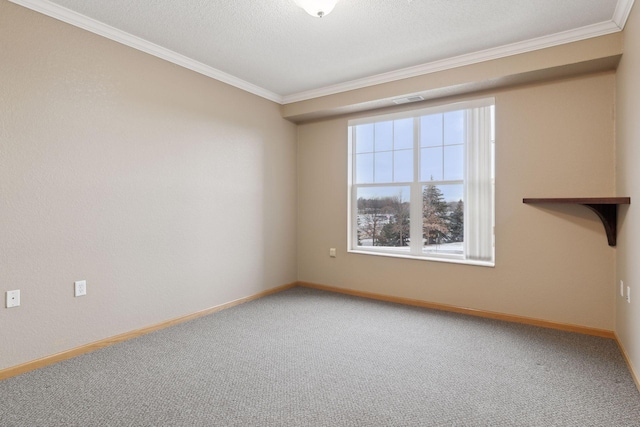 carpeted empty room with ornamental molding and a textured ceiling