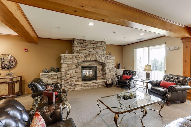 carpeted living room with crown molding, beam ceiling, and a fireplace