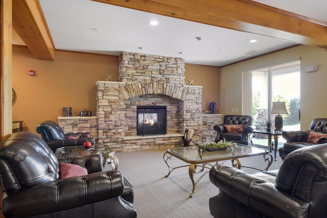 living room with beamed ceiling, carpet flooring, ornamental molding, and a fireplace