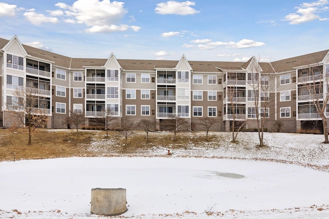 view of snow covered building